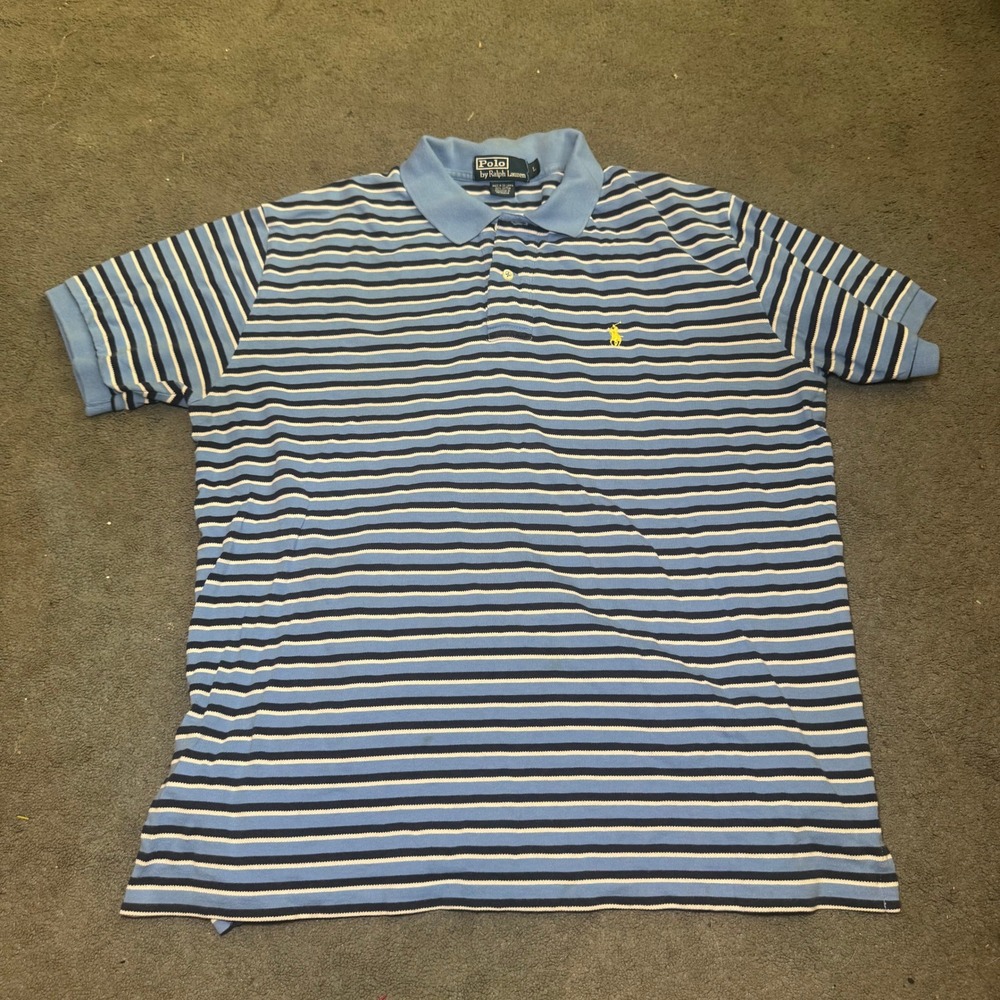 Polo Ralph Lauren Mens Large Blue Striped Short Sleeve Cotton Polo Yellow Pony